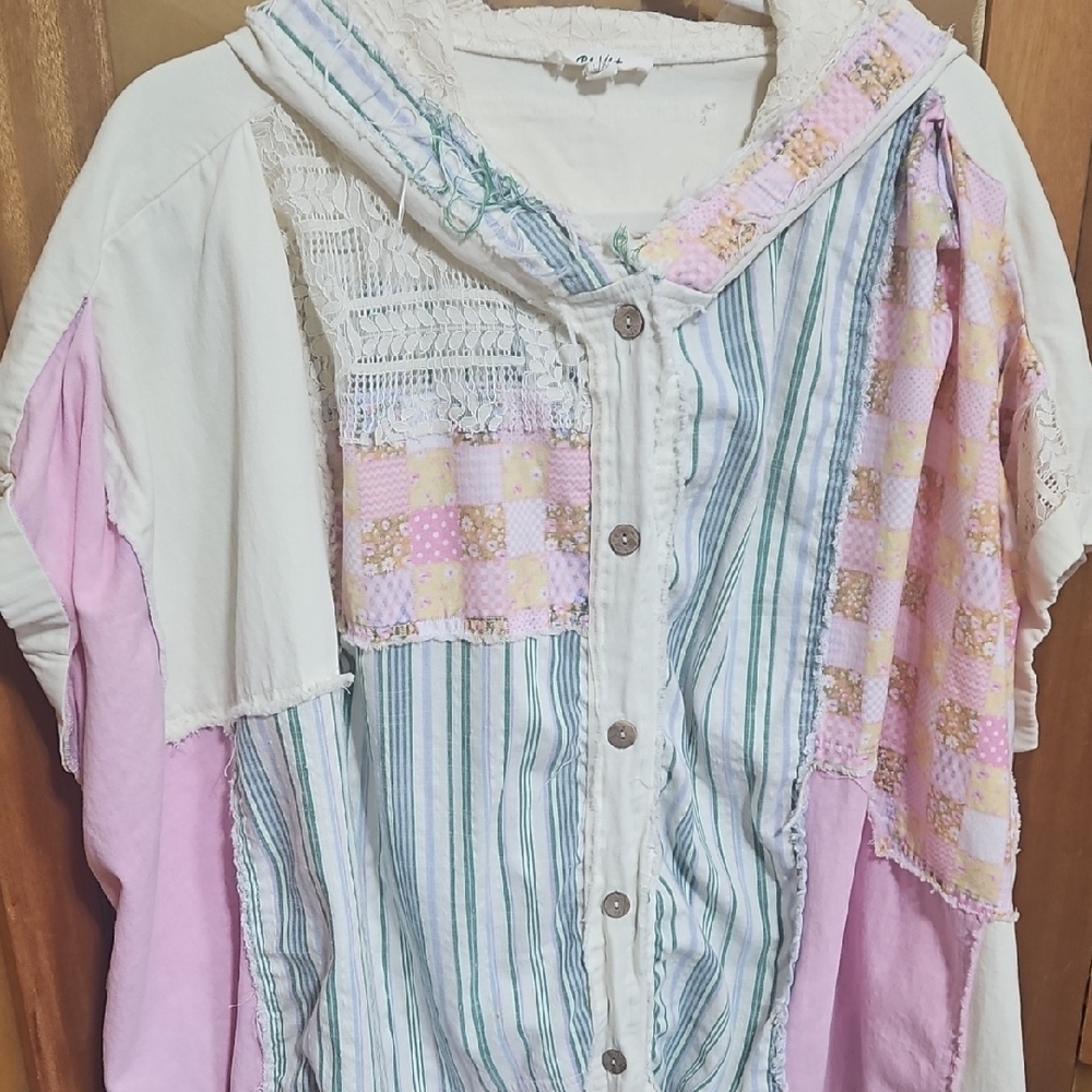 Boho Cottagecore Patchwork Button Down Distressed… - image 3